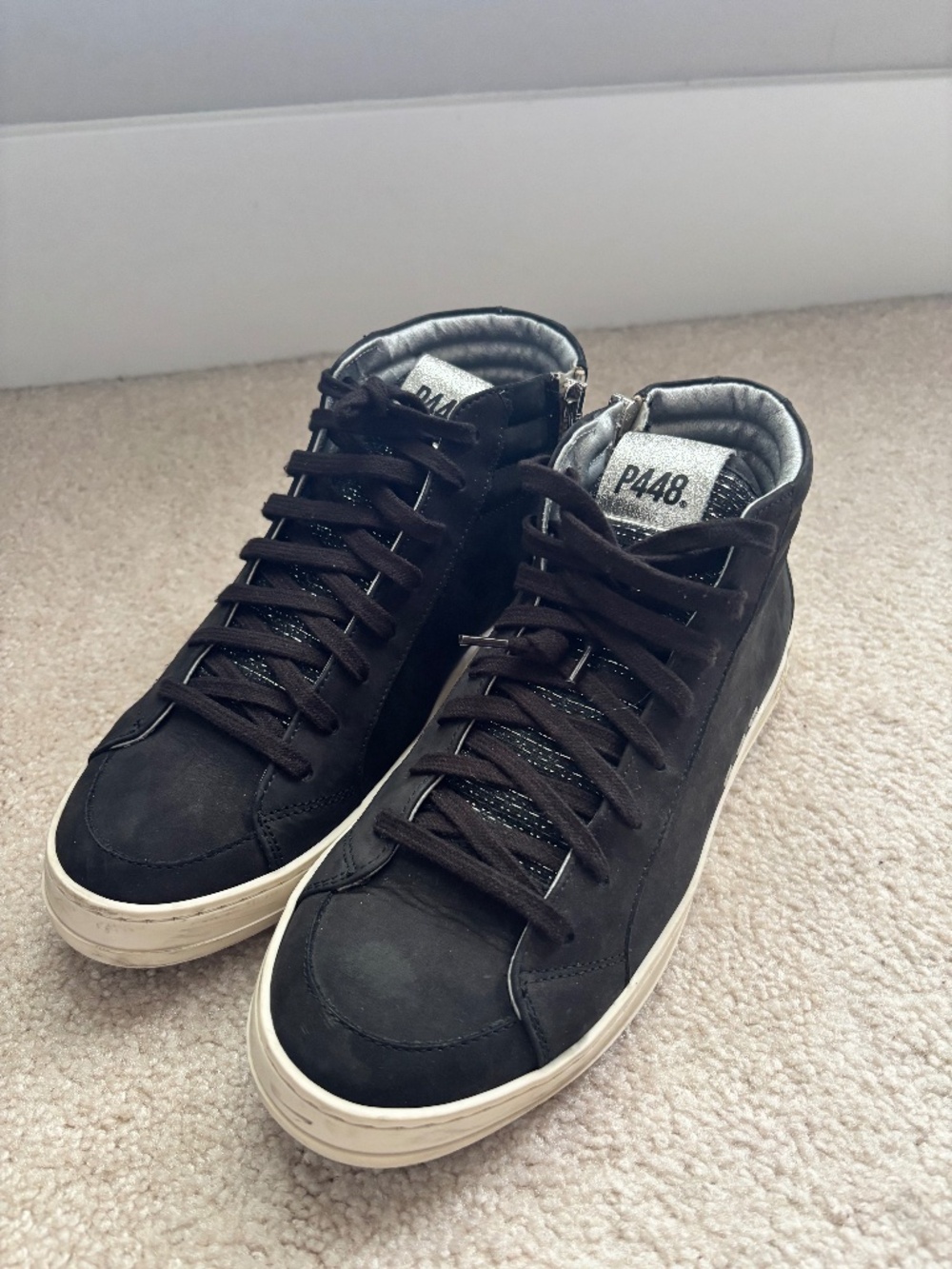 P448 Black High Top Sneakers Side Zip Silver Metallic Detail Women’s Size 39